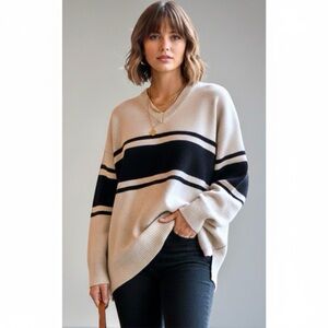 Sanctuary Stitch Fix Oversized Sweater Beige Black Stripe V Neck Women’s Sz XL